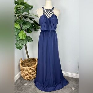 Rebecca Taylor Dark Clay Blue Purple Crochet Knit Halter Neck Maxi Silk Dress